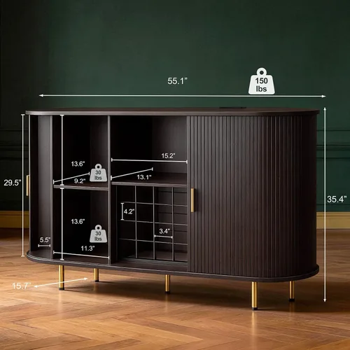 Vista 2 de DHH Gabinete de bar de vino de 55 pulgadas con almacenamiento, licor estriado y barra de café con estante para vino y soporte para vidrio, aparador
