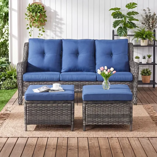 Vista 28 de Rilyson Sofá de mimbre para patio al aire libre, capacidad de peso de 900 libras, sofá grande de mimbre de 3 plazas con cojines de asiento de 4