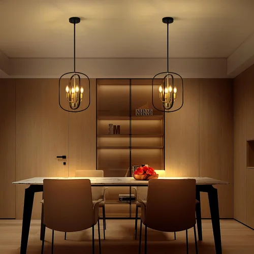 Vista 4 de ACNKTZ Candelabro pequeño negro y dorado para vestíbulo, lámpara colgante geométrica de metal de 4 luces para entrada, iluminación colgante moderna