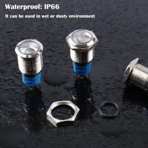 Vista 4 de 5pcs 0.630 in Metal Impermeable Anti-Vandalismo Momentario Interruptor de Botón Botón Auto-Reset Silver Shell 5/8" Orificio de montaje, 12V-24V ON