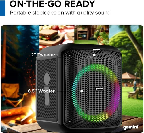 Vista 2 de Gemini - Altavoz Bluetooth estilo caja para fiestas con luces LED, woofer de 6.5 pulgadas, micrófono inalámbrico, graves profundos, emparejamiento