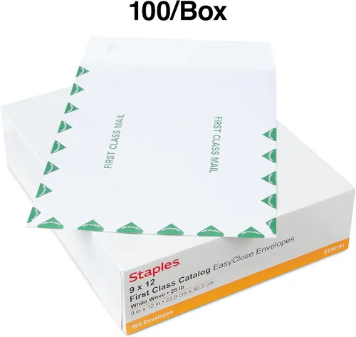 Vista 4 de Staples First Class EasyClose - Sobres para catálogo, 9 pulgadas de largo x 12 pulgadas de alto, blanco y verde, 200/caja (ST50191-CCVS)
