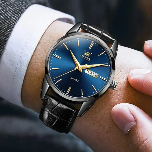 Vista 3 de OLEVS Reloj para hombres cronógrafo marrón cuero oro caso analógico cuarzo moda negocios vestido grande hombres reloj día fecha luminoso impermeable
