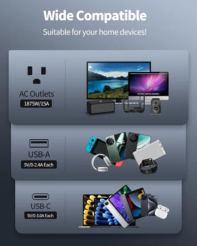 Vista 3 de DEPOW Regleta protectora contra sobretensiones de 6.5 pies con 24 salidas de CA (1875 W/15 A), 6 USB (2 puertos USB-C), 3,400 julios, cable de Negro