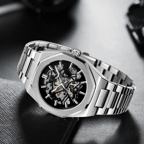 Vista 2 de Tiong Reloj de pulsera mecánico de acero inoxidable de esqueleto de lujo, resistente al agua, negro, automático, para hombre