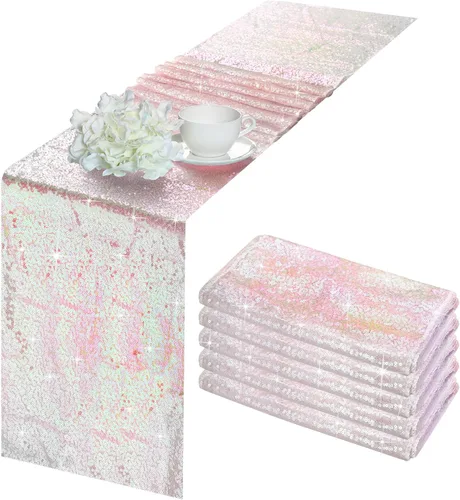 Vista 8 de Juego de 5 caminos de mesa de lentejuelas iridiscentes de 12 x 108 pulgadas, camino de mesa rectangular con purpurina para cumpleaños, bodas