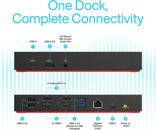 Vista 2 de 40AF0135US Lenovo Docking Station Dual Monitor - ThinkPad Dock USB-C, USB-A