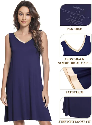 Vista 4 de NACHILA Camisones para mujer, viscosa hecha de bambú, sin mangas, camisón suave, camisón de satén con cuello en V