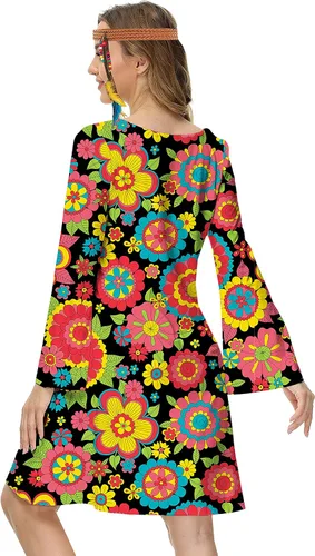 Vista 7 de Deerose Disfraz hippie de los años 70 para mujer, vestido retro Go Go Groovy