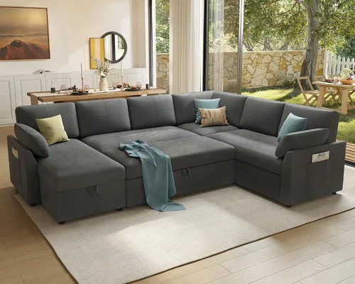 Vista 15 de AMERLIFE Sofa Bed, Sleeper Sofa with Storage Chaise, Convertible Sofa Bed with Pull Out Couch, l Shaped Couch for Living Room, Guest Room, Boucle