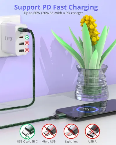 Vista 3 de JIUWFOX Paquete de 3 cables USB C a USB C de 10 pies de carga rápida de 60 W para iPad Pro/Air/mini, iPhone 17/17 Pro/17 Pro Max, Galaxy S25 S24 A56