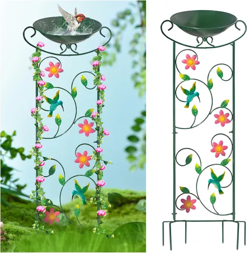 Vista 13 de HONGLAND Baño de metal para pájaros de 36.5 pulgadas con enrejado, baño para pájaros de jardín al aire libre con cuenco desmontable y soporte