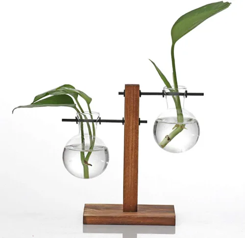 Vista 8 de Kingbuy Florero de Bulbo de Vidrio Macetero Terrario de Plantas de Escritorio con Soporte Retro de Madera Sólida para Propagación Hidropónica