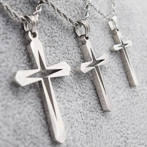 Vista 6 de Caiyao Collares de acero inoxidable con colgante de cruz de estrella hueca, hipoalergénicos, cruz hueca, de plata fresca, para mujeres, hombres