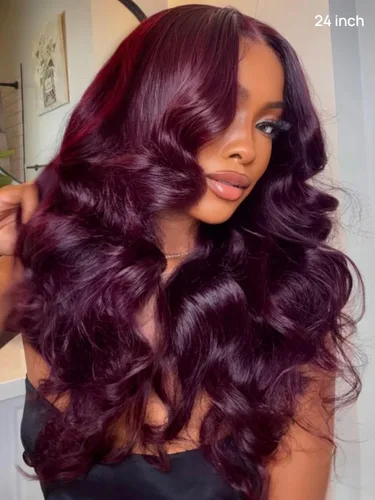 Vista 2 de UNICE Peluca de Cabello Humano Black Cherry Loose Wave Bye Bye Knots con Encaje Frontal de 7x5 con Cordón, con Flequillo Enmarcador del Rostro, Pre