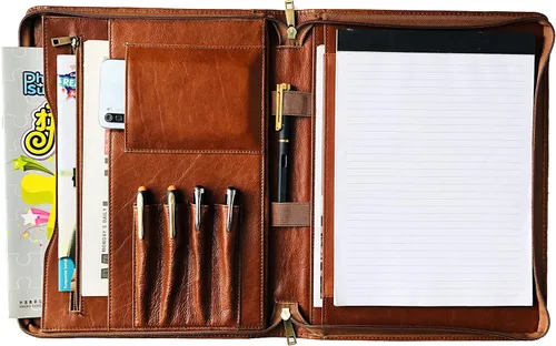 Vista 8 de Cartera de piel auténtica, con cremallera para hombres, carpeta de cuero para bloc de notas tamaño carta, cartera para mujeres, organizador de Cera