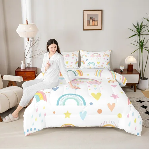 Vista 2 de Erosebridal Juego de edredón arcoíris de 2 piezas, edredón de nube de dibujos animados kawaii iridiscente individual para niños, niñas, mujeres