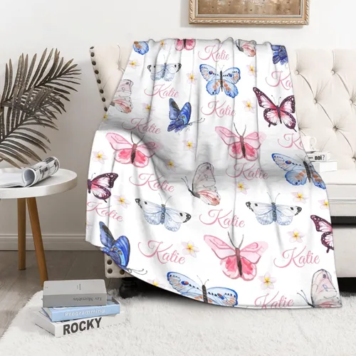 Vista 2 de Manta personalizada con nombre de mariposa, regalos personalizados para adultos, manta personalizada para hombres y mujeres, manta de franela