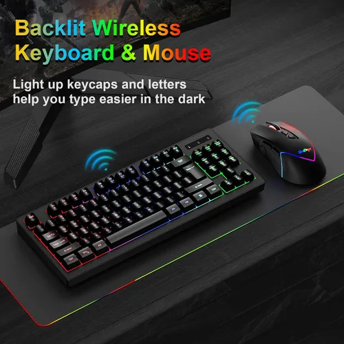 Vista 7 de BlueFinger Combo de teclado y mouse inalámbricos, batería recargable de larga duración, 87 teclas RGB con retroiluminación arco iris y mouse