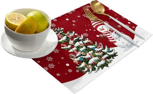 Vista 2 de Juego de 6 manteles individuales de Navidad, muñeco de nieve, copo de nieve, árbol de Navidad, resistentes al calor, para mesa de comedor, lino