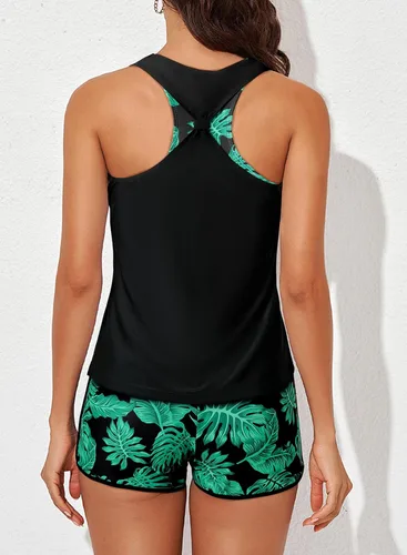 Vista 2 de Aleumdr Traje de baño deportivo de 3 piezas para mujer con pantalones cortos, camiseta sin mangas con brasier deportivo y pantalones cortos