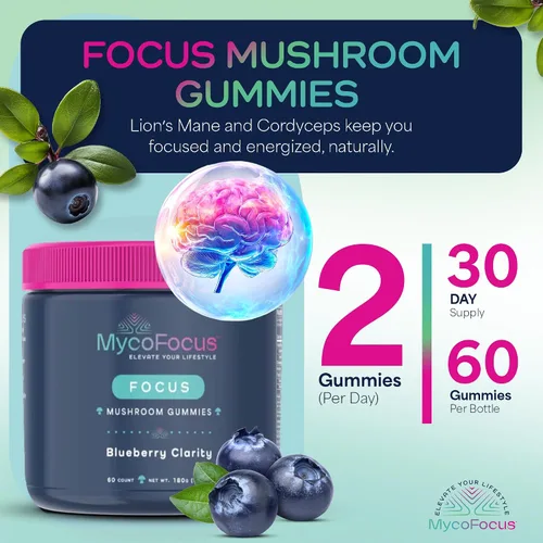Vista 2 de Clarity and Focus - Gomitas de hongos, potente suplemento cerebral con melena de león, Cordyceps y Ashwagandha para la memoria, el alivio del estrés