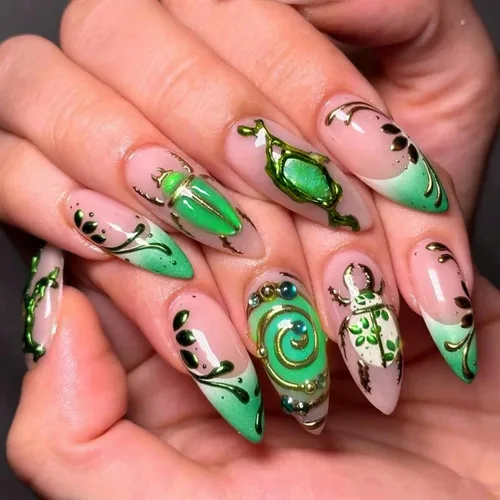 Vista 14 de Uñas postizas largas a presión, color negro, diseño francés y floral, 24
