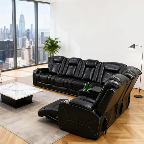 Vista 4 de Sofá modular reclinable eléctrico para sala de estar, moderno juego de sofá modular de cuero negro en forma de L, juego de sofá reclinable