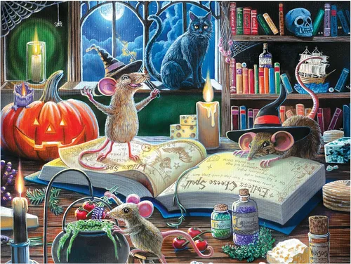 Vista 2 de RoseArt - Halloween Mischievous Mice - Rompecabezas de 500 piezas - Rompecabezas de ratón fascinante para adultos