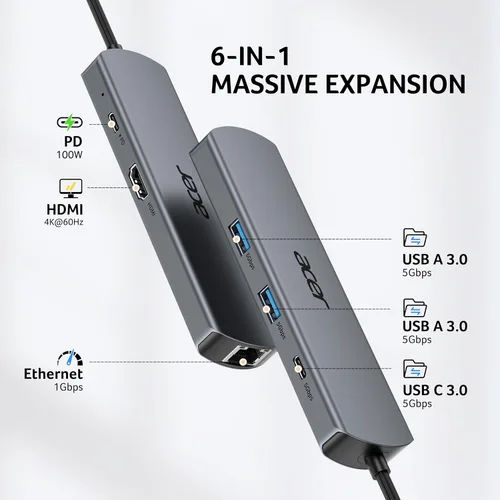 Vista 2 de acer 6 en 1 USBC Hub con Ethernet, 4K @60Hz USBC a HDMI Multiport Adapter 2*USB-A 3.0 & 1*USB-C 3.0 Data Ports, 100W PD Port, USB C Dongle for