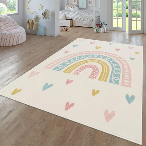 Vista 8 de Paco Home Alfombra de habitación infantil con arco iris y corazones en marrón beige, tamaño: 2'8" x 4'11