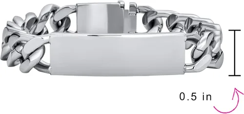 Vista 4 de Bling Jewelry Cadena de eslabones cubanos chapada en nombre de identificación para hombre, nombre personalizado, grabado en tono plateado, acero