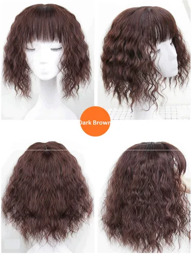 Vista 5 de LXUE Toppers de pelo sintético rizado con flequillo para mujeres con cabello delgado, piezas de cabello con clip de 14 pulgadas, marrón oscuro