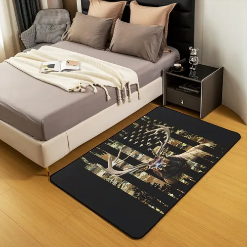 Vista 4 de Alfombra decorativa con bandera americana, para sala de estar, para niños, niñas, ciervos, caza, cuernos, animales salvajes, interiores, 3 x 5 pies