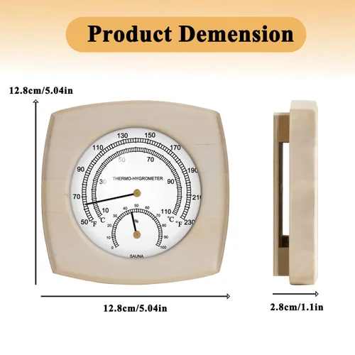 Vista 6 de Termómetro e higrómetro de madera para sauna - 2 en 1 Fahrenheit (50-250°F) para salas de barril/infrarrojos/vapor, diseño analógico de montaje