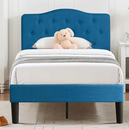 Vista 23 de VECELO Base de cama de plataforma de tamaño individual con cabecera tapizada de tela y soporte de listones de madera, no necesita somier/fácil Beige