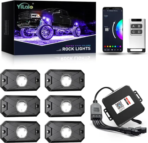 Vista 10 de YiLaie Luces LED RGB, 60 LED de alto brillo, kit de luz de neón multifunción impermeable para coche con control de aplicación/RF, luces de roca