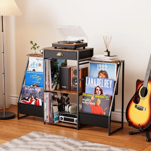 Vista 2 de JunVpic Soporte para tocadiscos con almacenamiento de vinilo, mesa de discos con soporte, estante y cajón de almacenamiento de vinilo de 6
