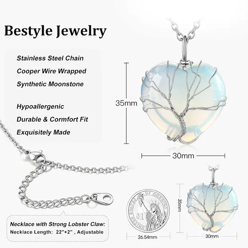 Vista 6 de Bestyle Collar de cristal curativo envuelto en árbol de la vida, colgante de piedra natal de 12 meses para parrillas de mujer, joyería de piedras