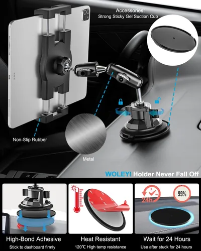 Vista 6 de Soporte resistente para tablet de automóvil, brazo de metal, soporte de tableta con ventosa para parabrisas de tableta, para camiones/automóvil