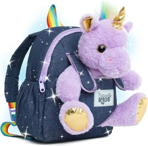Vista 9 de Naturally KIDS Mochila para niños y niñas con animales de peluche, regalos para niños de 3, 4, 5, 6, 7 años, 01 Pequeño unicornio morado