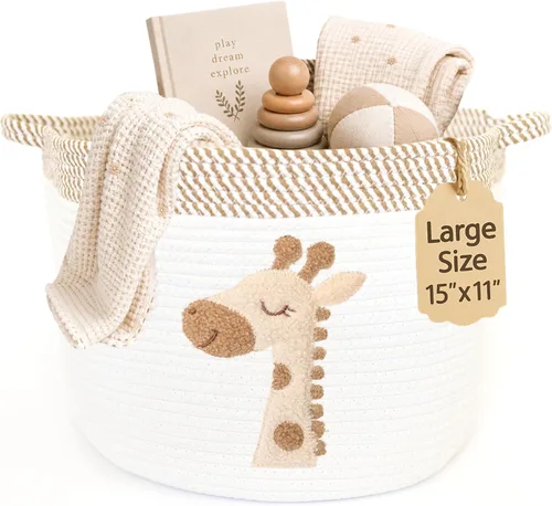 Vista 12 de Cesta de almacenamiento de conejito para bebé, cubo de cuerda de algodón tejido, 15 x 11 pulgadas Stuffed Animal and Blanket Storage, Embroidered
