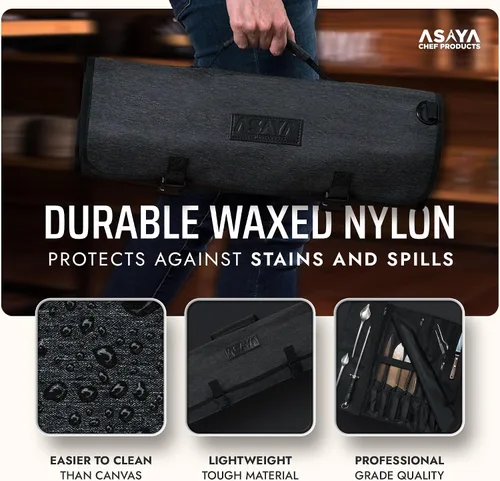 Vista 3 de Asaya Bolsa enrollable para cuchillos de chef, 20 bolsillos en total para cuchillos y utensilios de cocina, fabricada con nailon encerado resistente