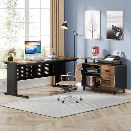 Vista 10 de LITTLE TREE Escritorio grande para computadora con archivador, escritorio ejecutivo en forma de L de 63 pulgadas con cajones y estantes