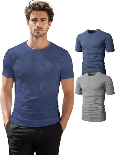 Vista 6 de H2H Camisetas para hombre - Pack de varias unidades, diseño simple, manga corta, ajuste delgado, mezcla de algodón (cuello en V/cuello redondo)
