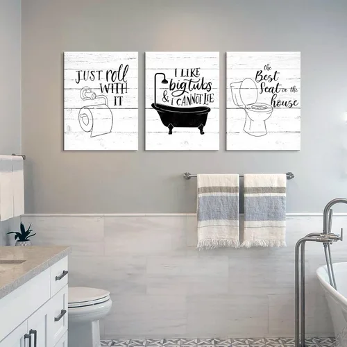 Vista 6 de Arte Gracioso de Baño en Lona para Pared en Blanco y Negro Juego de Inodoro y Tina Cartel Impreso en 3 Piezas Pintura de Citas de Baño Estilo Retro