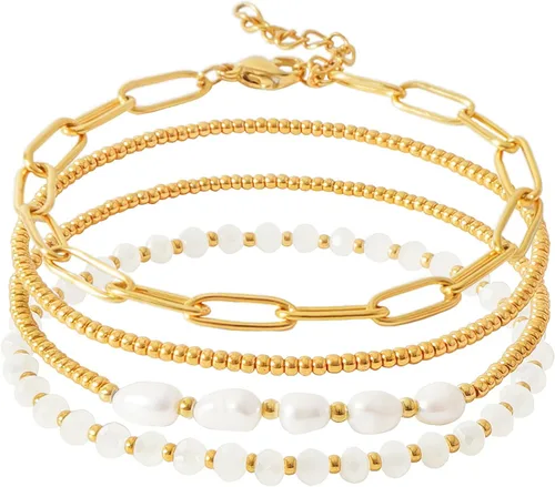 Vista 7 de Delicado juego de pulseras de perlas chapadas en oro de 14 quilates con cuentas de perlas chapadas en oro de 14 quilates, pulseras apilables