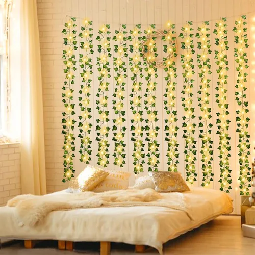Vista 8 de Paquete de 12 enredaderas falsas de 84 pies con 100 luces temporizadoras grandes y pequeñas, hojas verdes gruesas, plantas sintéticas, guirnalda