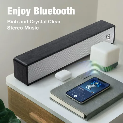 Vista 2 de [Usado] MICA - Altavoces para computadora, barra de sonido inalámbrica Bluetooth 5.0, mini barra de sonido en ángulo de madera, altavoces de PC Negro