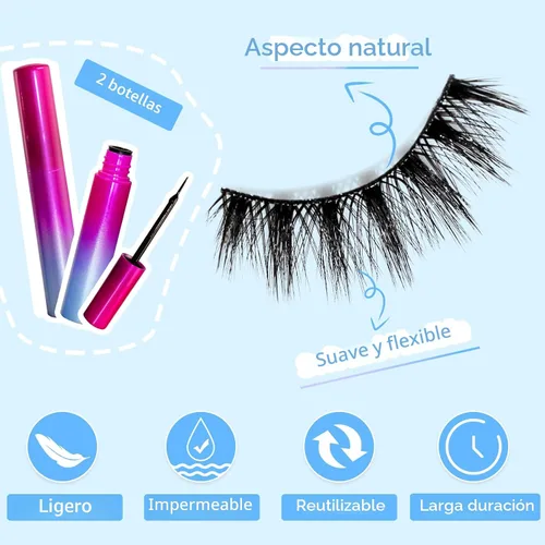 Vista 5 de Kit de pestañas magnéticas, pestañas magnéticas de larga duración y reutilizables, aspecto natural, 14 pares de pestañas postizas con delineador